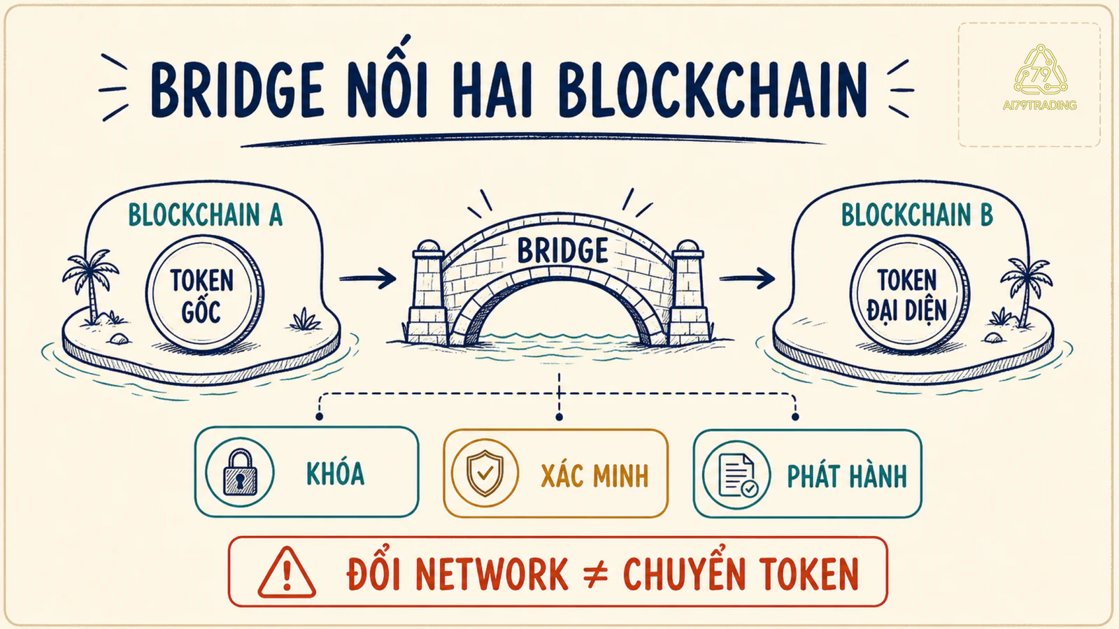 Sơ đồ bridge nối blockchain A và blockchain B qua bước khóa, xác minh và phát hành