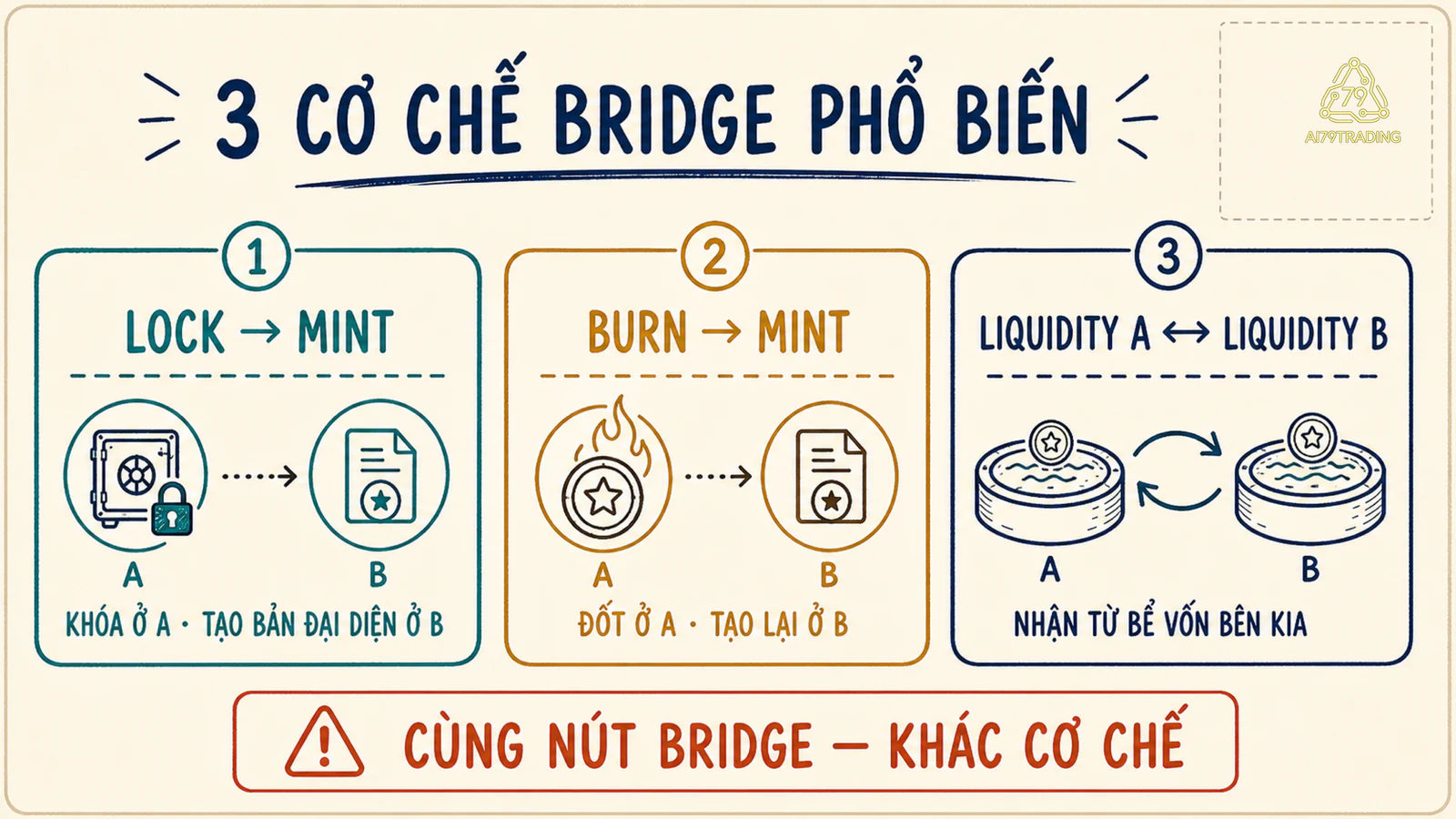 Ba đường bridge phổ biến gồm lock-mint, burn-mint và liquidity network