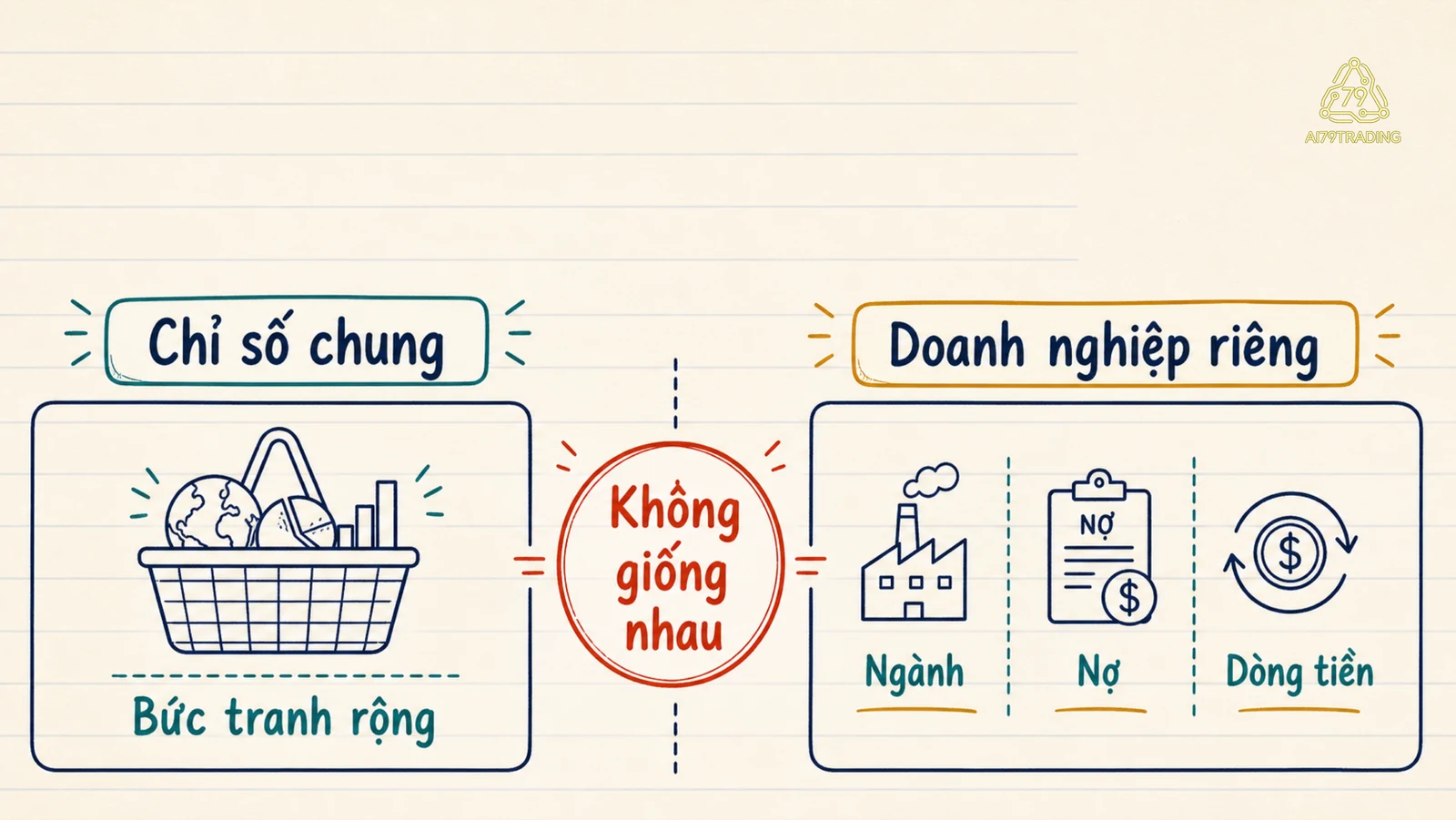 Sơ đồ chỉ số chung và doanh nghiệp riêng có thể đi khác nhau trong cùng bối cảnh thị trường