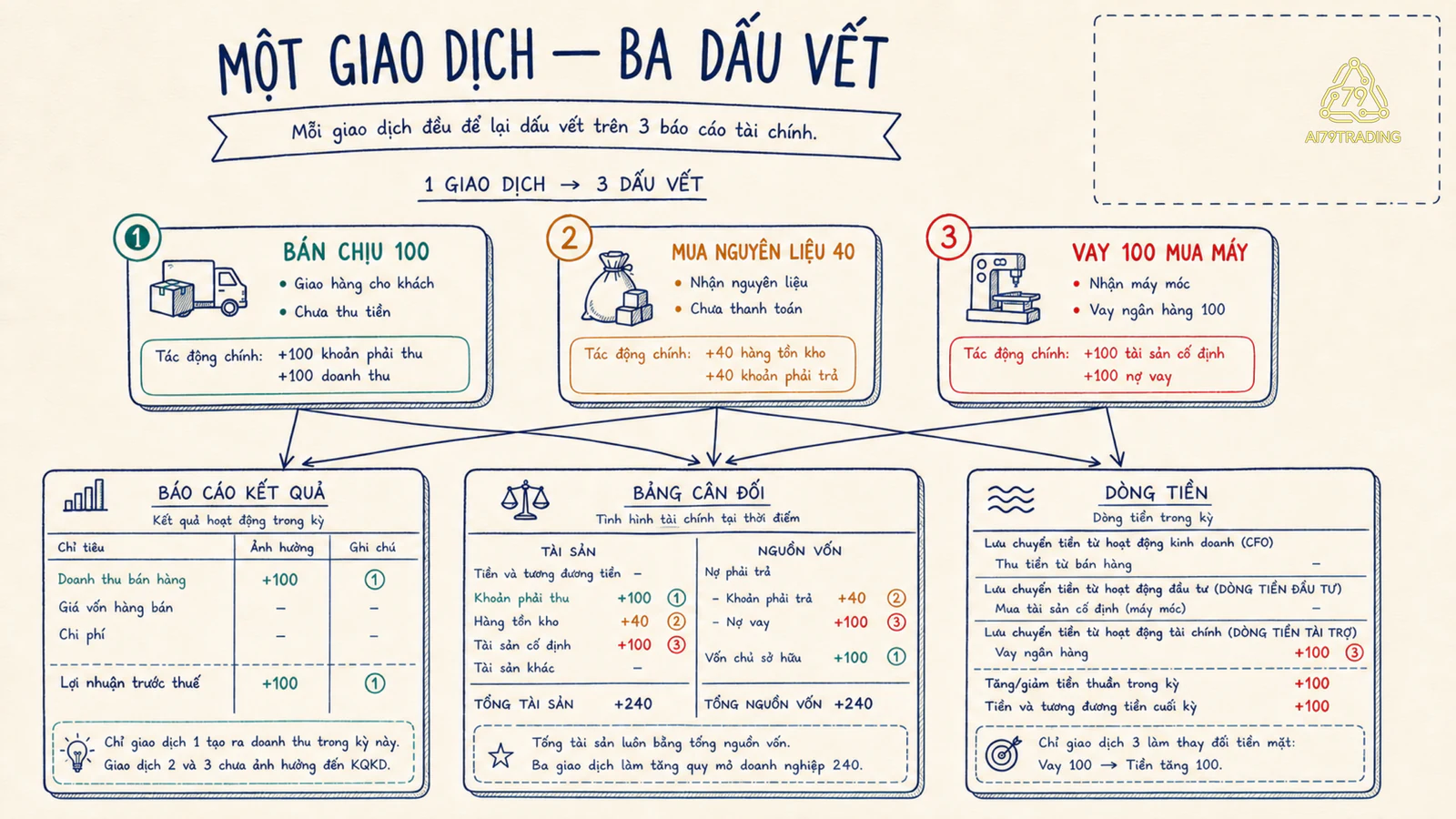 Một giao dịch đi qua báo cáo kết quả bảng cân đối và dòng tiền