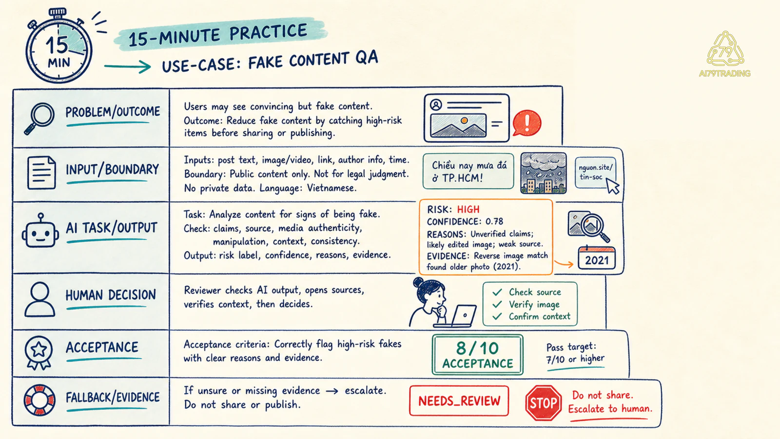 Use case practice card 15 phút với dữ liệu content QA giả và acceptance test