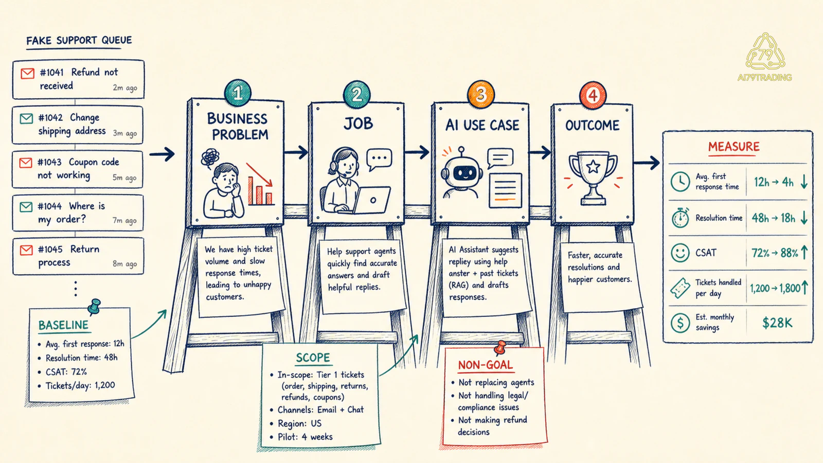 Ladder chuyển business problem qua job thành AI use case và outcome có thể đo