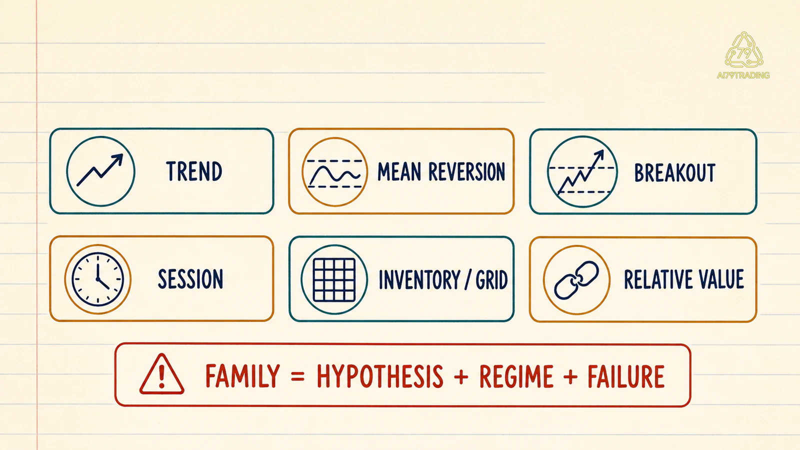 Sáu family EA gồm trend, mean reversion, breakout, session, inventory grid và relative value