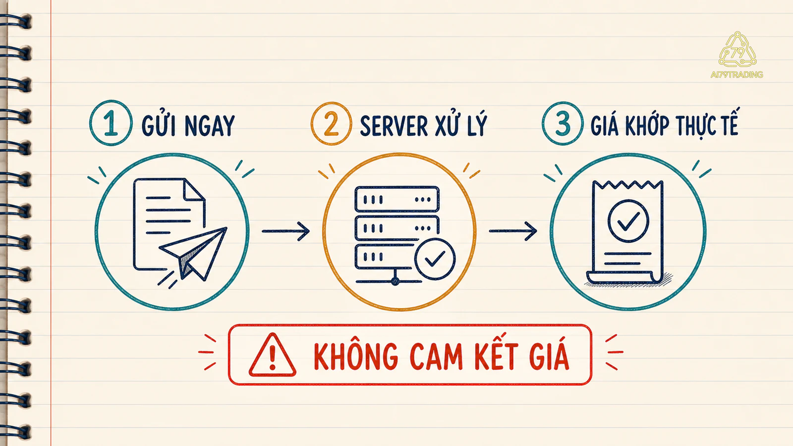 Sơ đồ ba bước từ gửi Market request qua server xử lý tới giá khớp thực tế