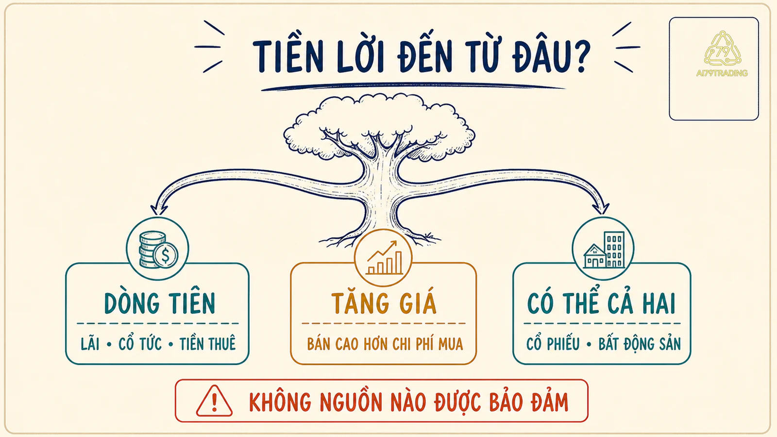 Sơ đồ phân biệt lợi nhuận từ dòng tiền, tăng giá và sự kết hợp của hai nguồn