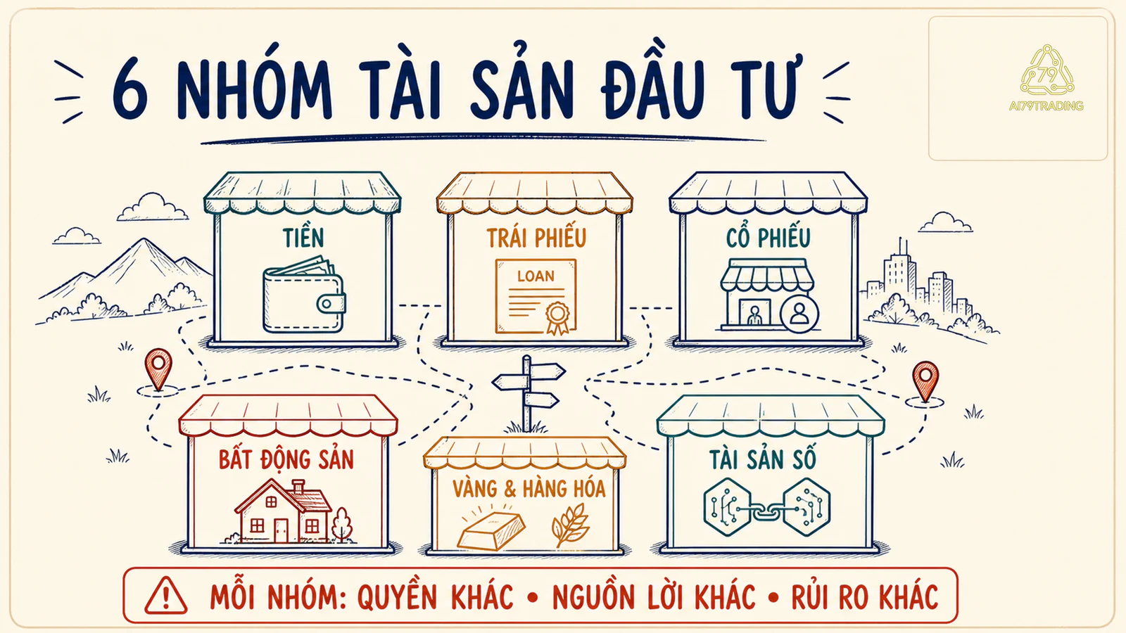Sơ đồ sáu nhóm tài sản đầu tư và nguồn tạo lợi nhuận chính của từng nhóm