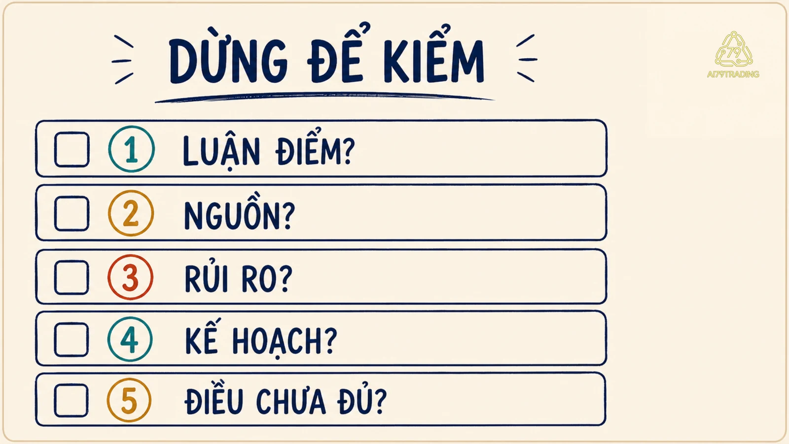 Checklist dừng với luận điểm, nguồn, rủi ro, kế hoạch và điều chưa đủ