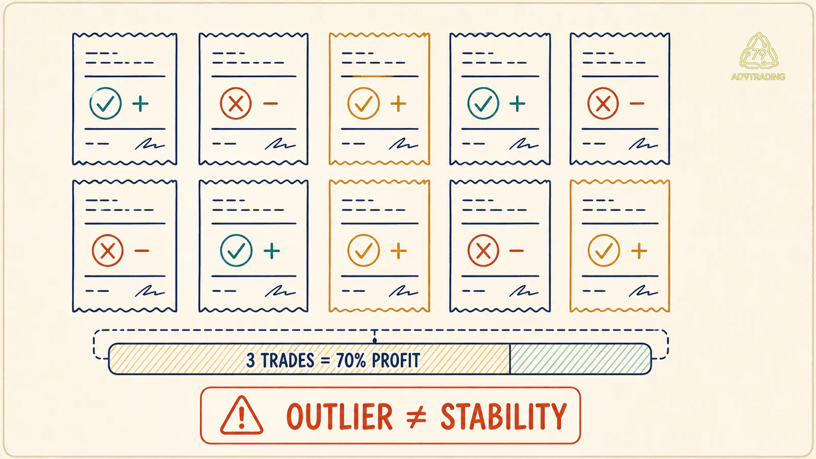 Ba trade đóng góp 70 phần trăm profit với cảnh báo outlier không phải stability