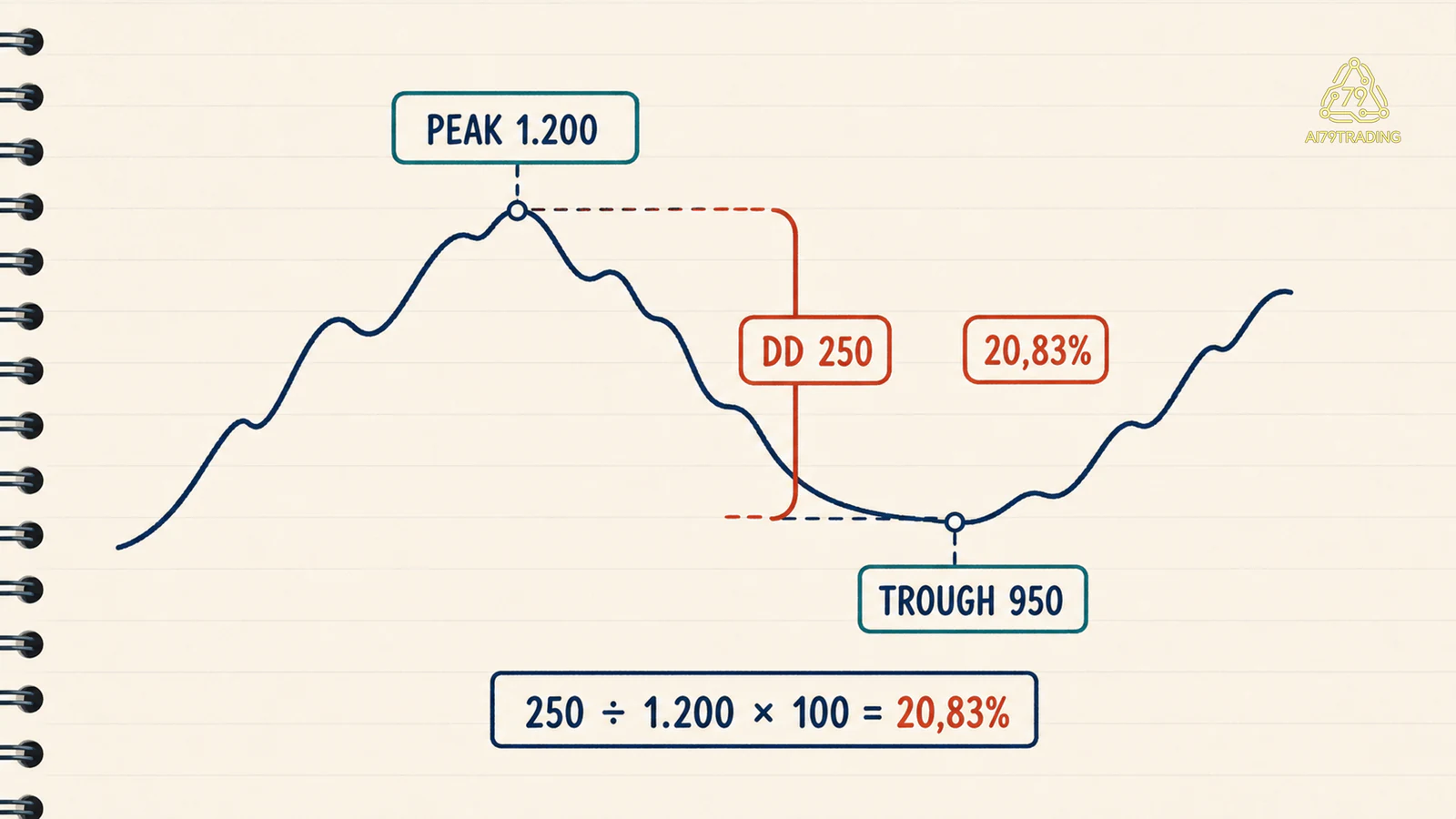 Đường drawdown từ peak 1.200 xuống trough 950 bằng 250 hay 20,83 phần trăm