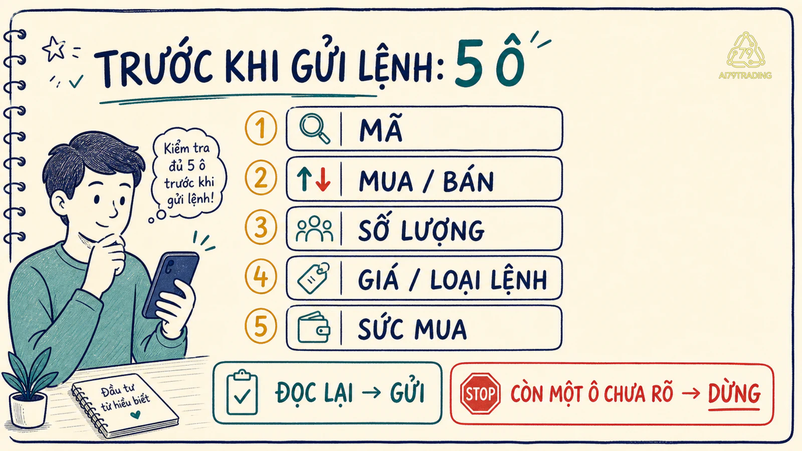 Năm ô kiểm tra trước khi gửi lệnh cổ phiếu gồm mã, chiều mua bán, số lượng, giá loại lệnh và sức mua.