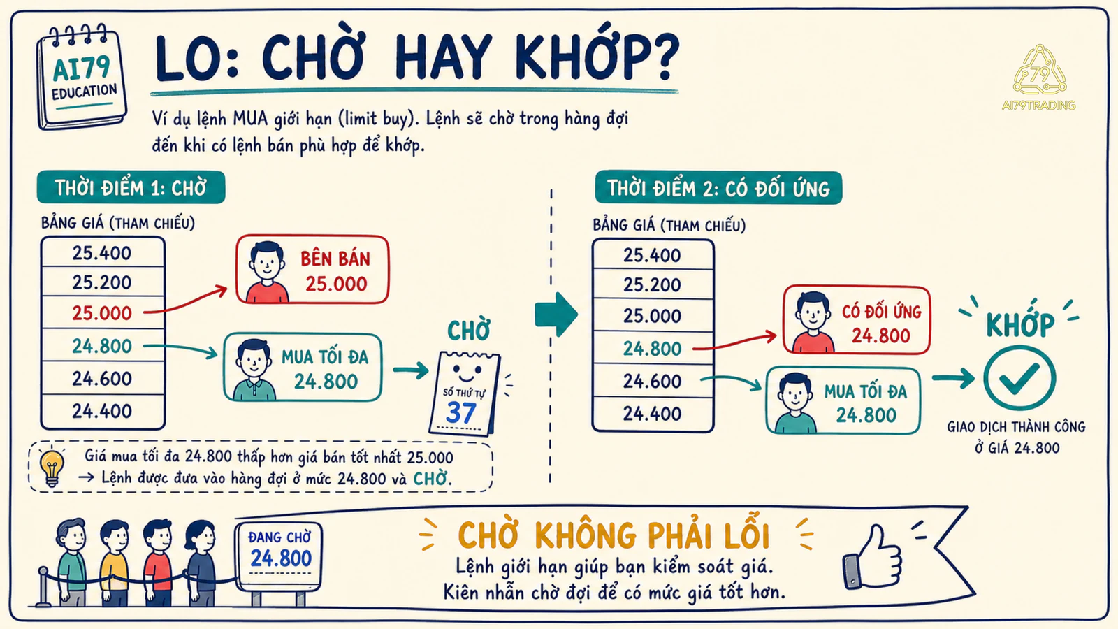 Ví dụ lệnh LO mua chờ rồi khớp khi giá đối ứng phù hợp.