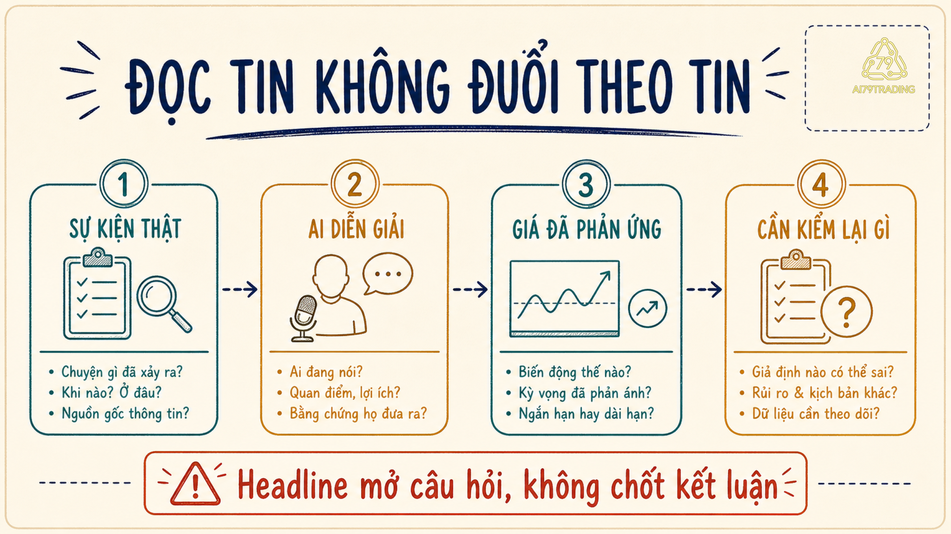 Bốn ô đọc tin gồm sự kiện thật, người diễn giải, phản ứng giá và điều cần kiểm lại