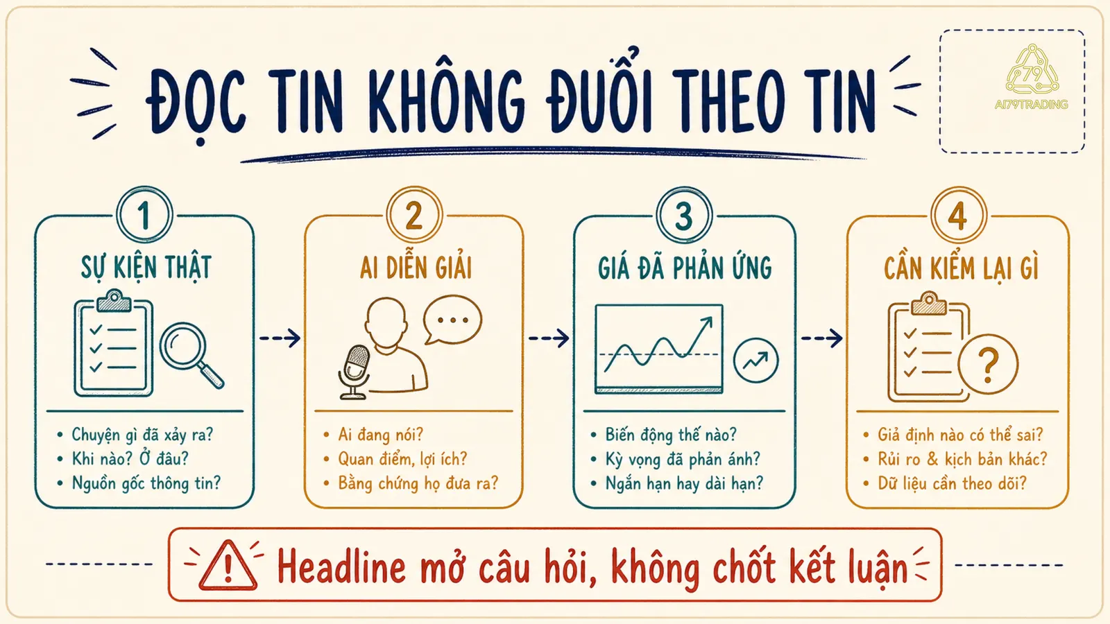 Bốn ô đọc tin gồm sự kiện thật, người diễn giải, phản ứng giá và điều cần kiểm lại