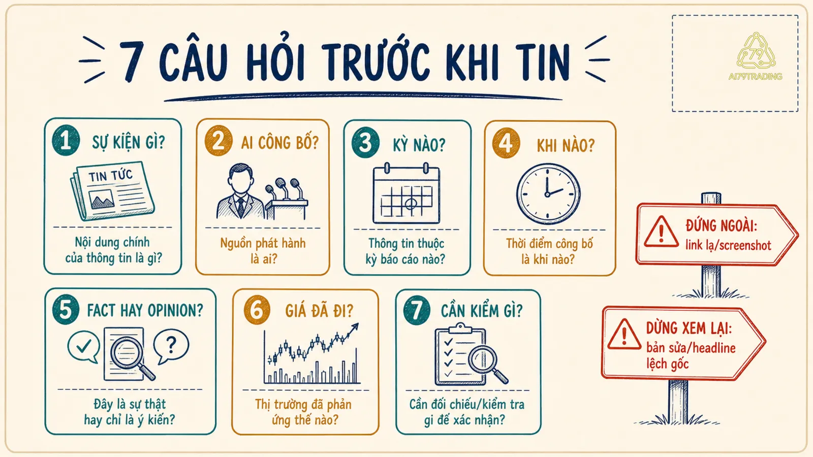Bảy câu kiểm tin từ nêu sự kiện tới ghi mức tự tin, kèm biển đứng ngoài và dừng xem lại