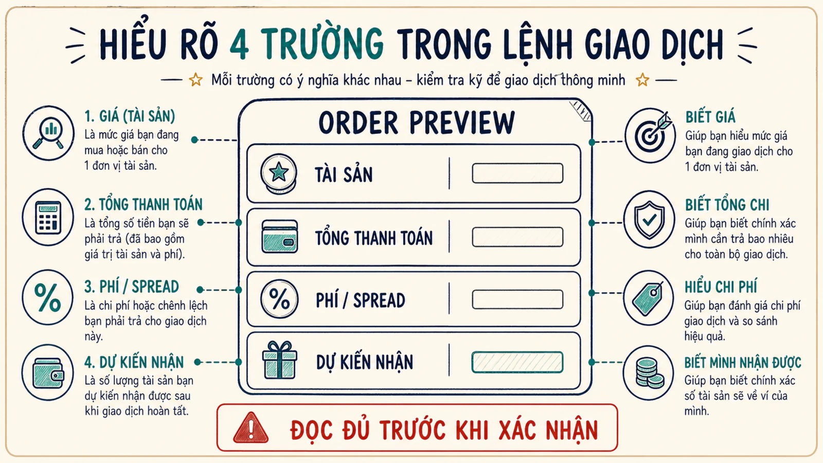 Màn hình xem trước lệnh với tài sản, tổng thanh toán, phí và lượng nhận