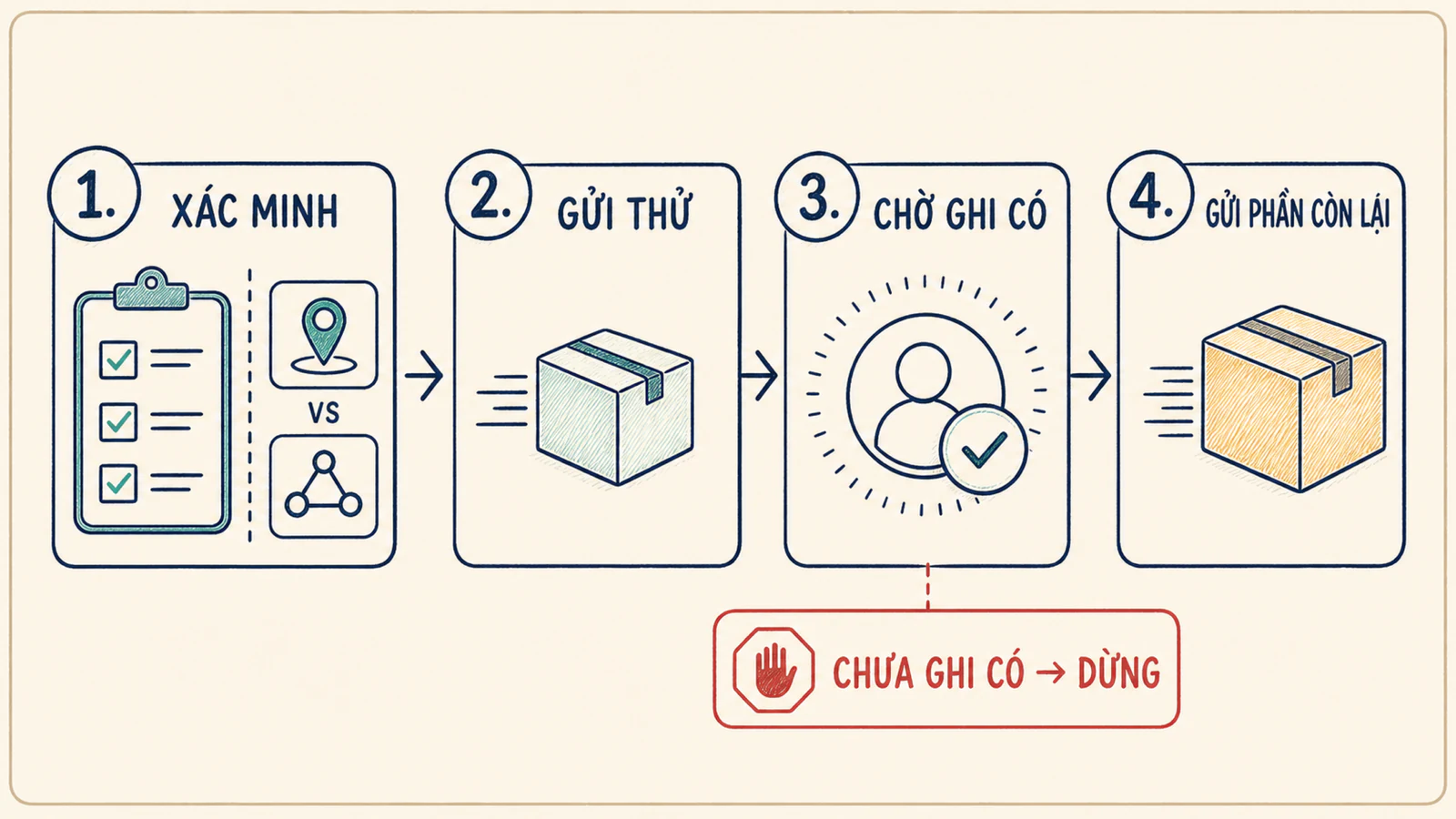 Luồng gửi crypto gồm xác minh, gửi thử, chờ nơi nhận ghi có và gửi phần còn lại