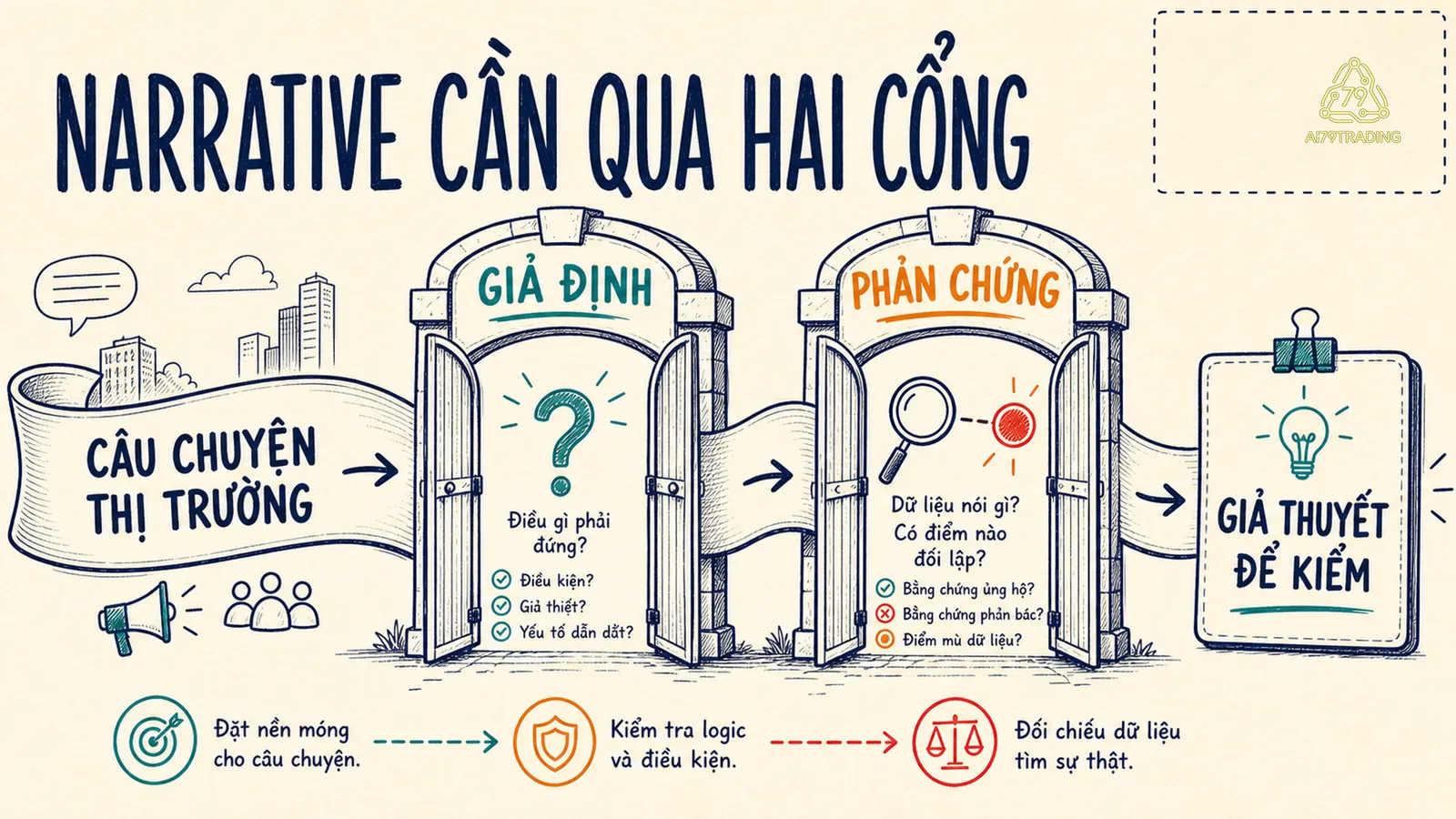 Một narrative đi qua hai cổng giả định và phản chứng trước khi được dùng làm giả thuyết