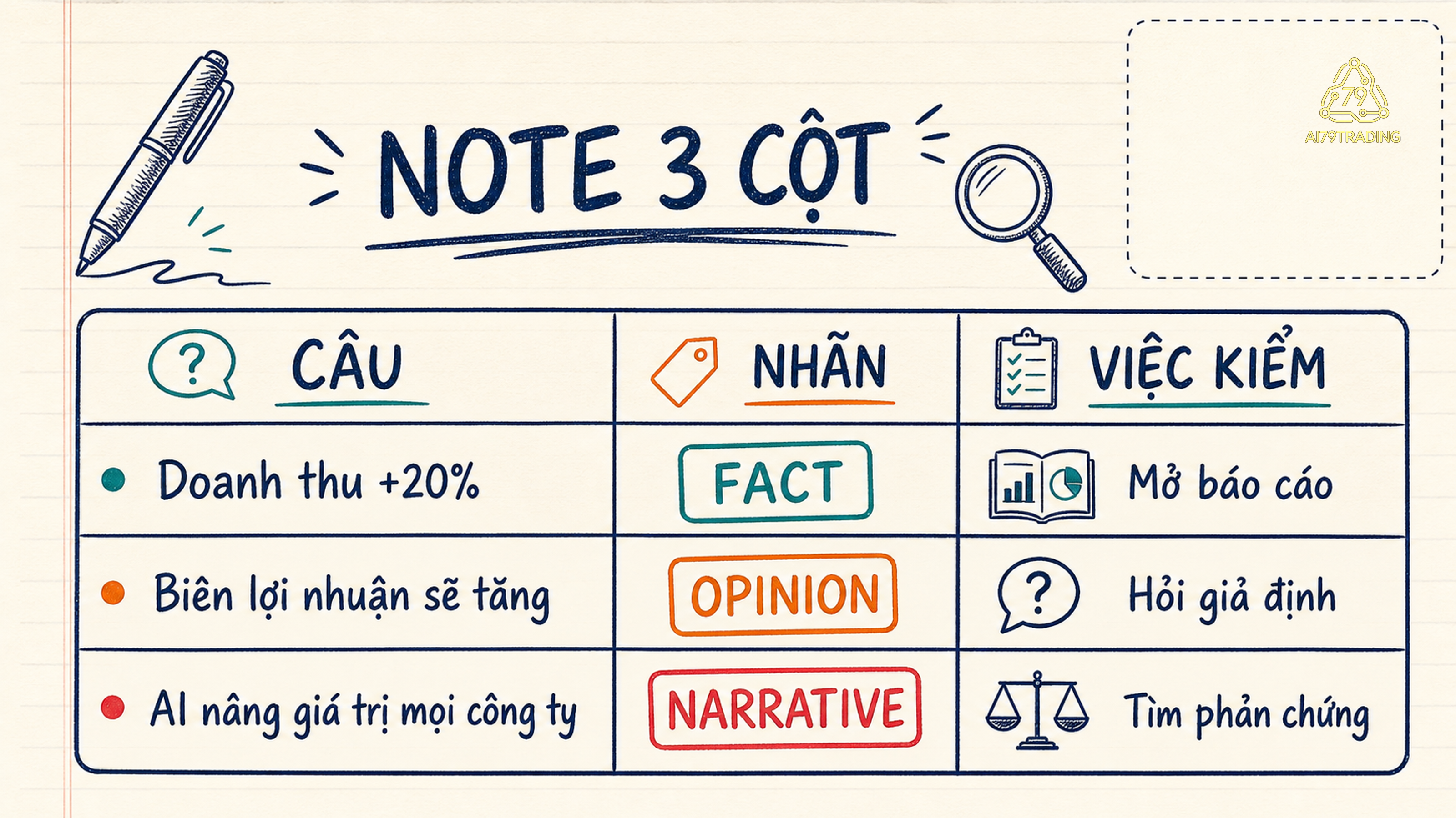 Bảng note ba cột gồm câu, nhãn và nguồn hoặc việc cần kiểm tiếp