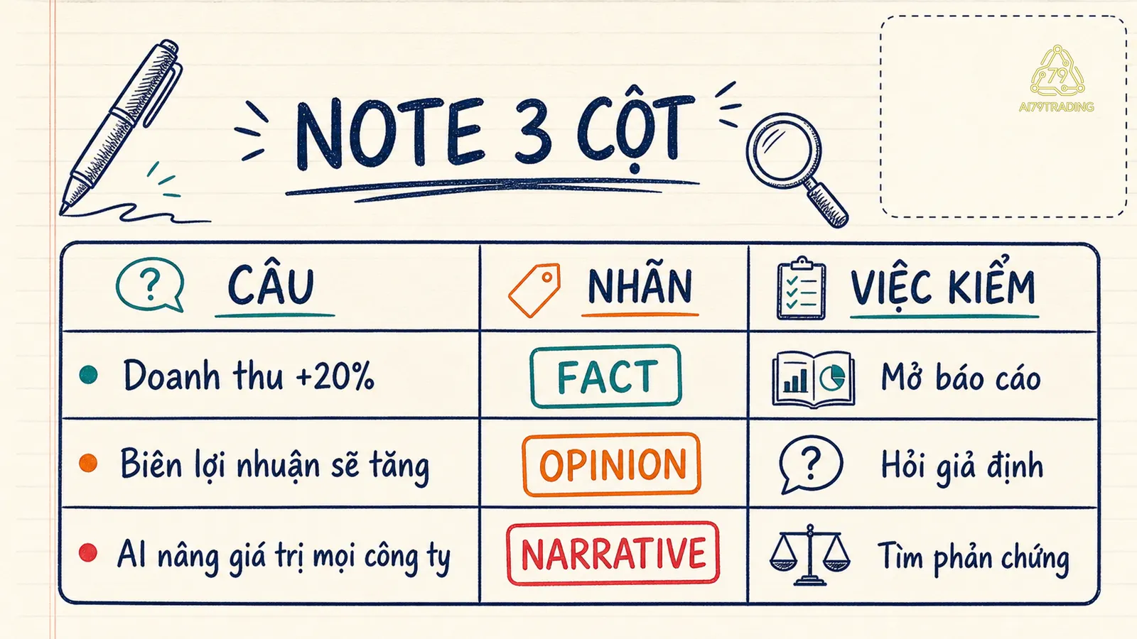 Bảng note ba cột gồm câu, nhãn và nguồn hoặc việc cần kiểm tiếp