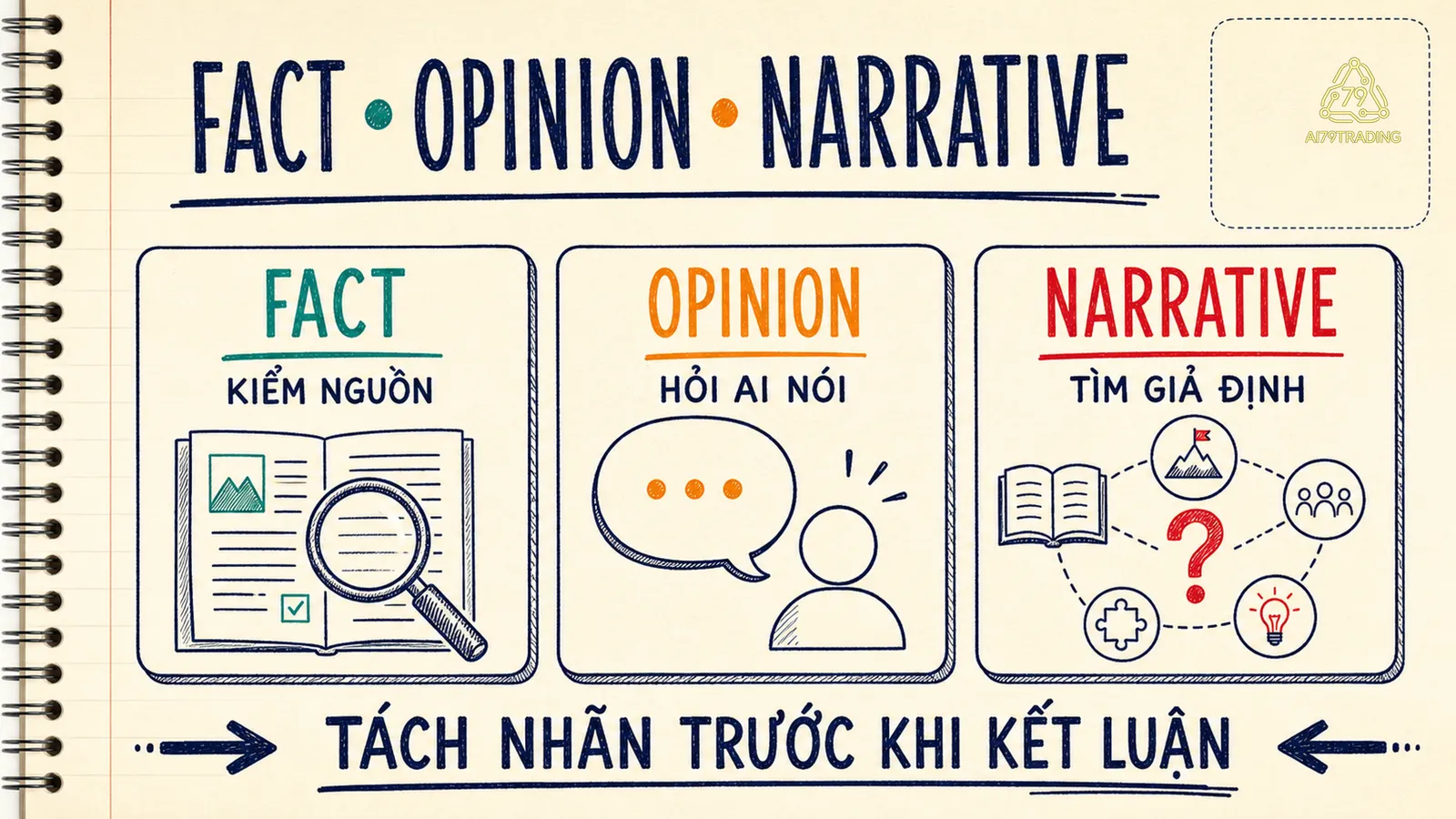 Ba nhãn Fact, Opinion và Narrative kèm câu hỏi kiểm nguồn, người nói và giả định
