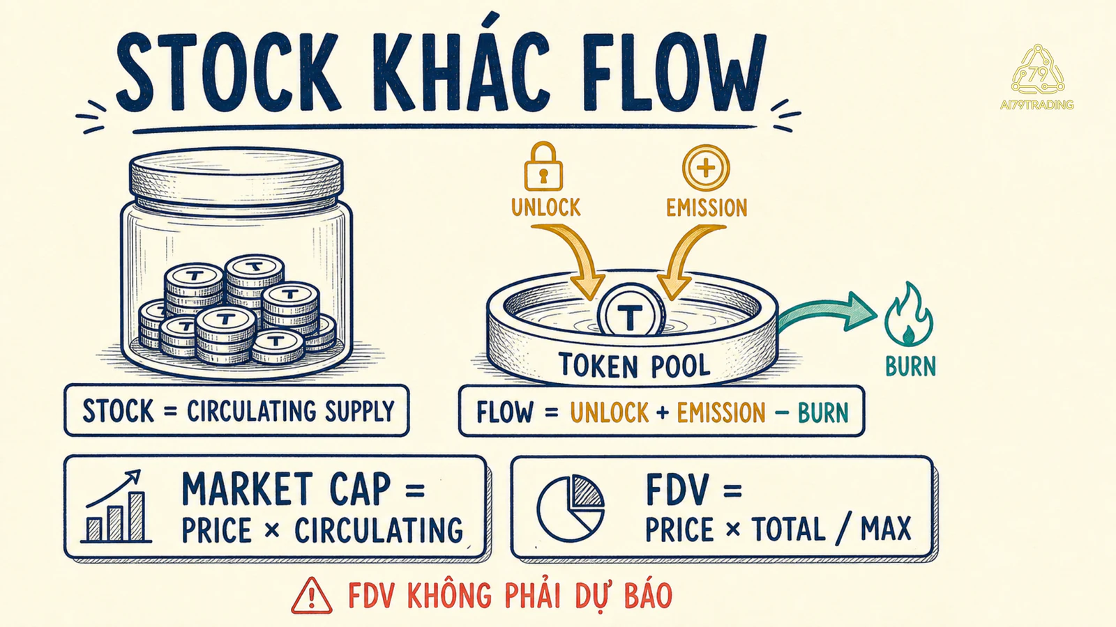 Lượng đang có, dòng vào ra cùng công thức Giá trị lưu hành và giá trị toàn bộ nguồn cung (FDV)