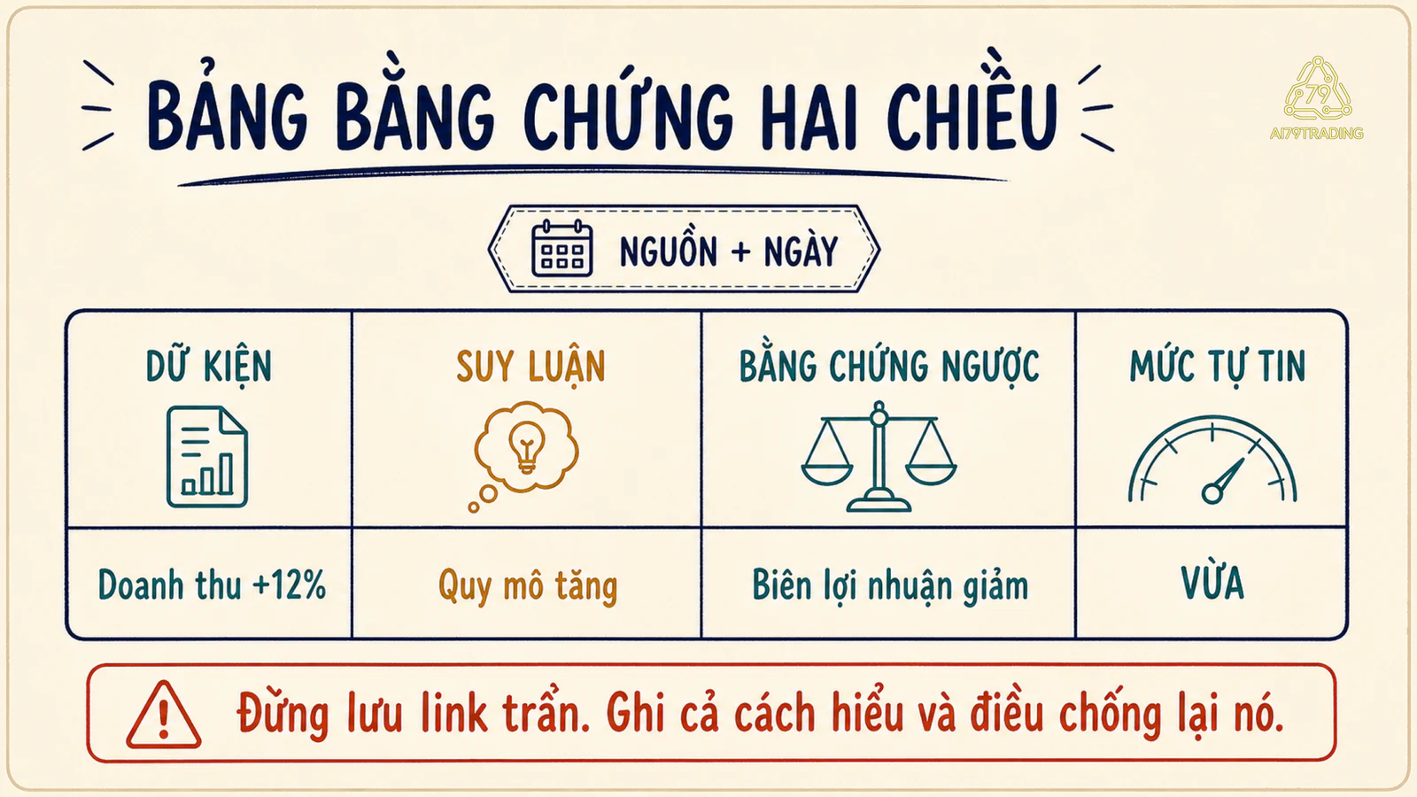 Bảng ghi chú tách dữ kiện, suy luận, bằng chứng ngược và mức tự tin