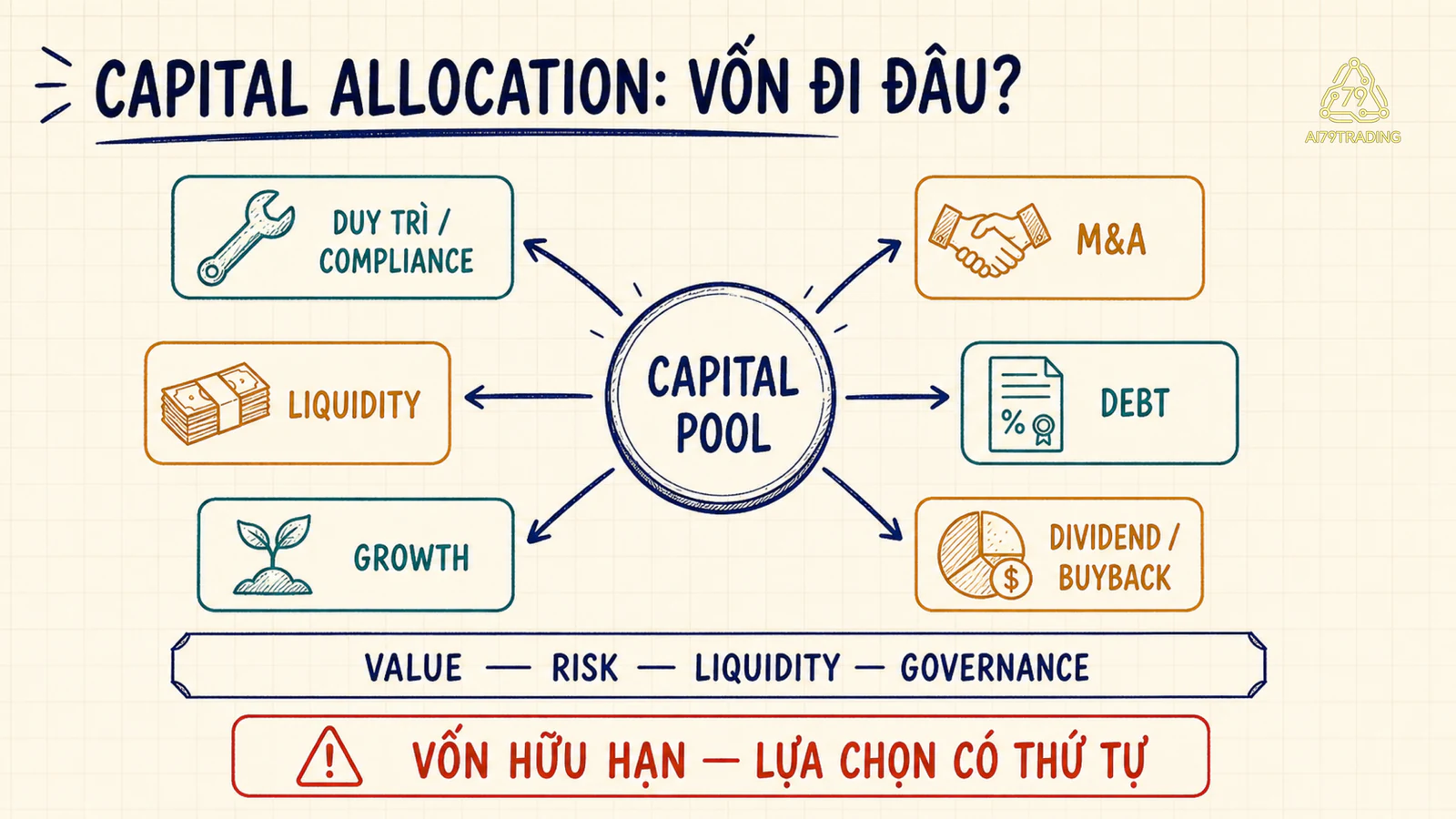 Bản đồ capital pool đi tới sáu mục đích dưới guardrail value, risk, liquidity và governance