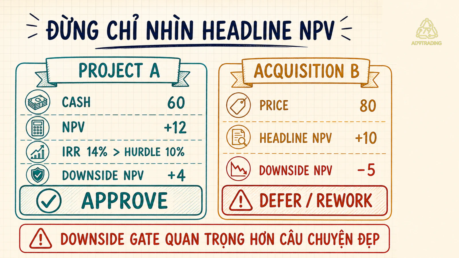 Project A có NPV downside dương được approve còn acquisition B có headline dương nhưng downside âm phải defer