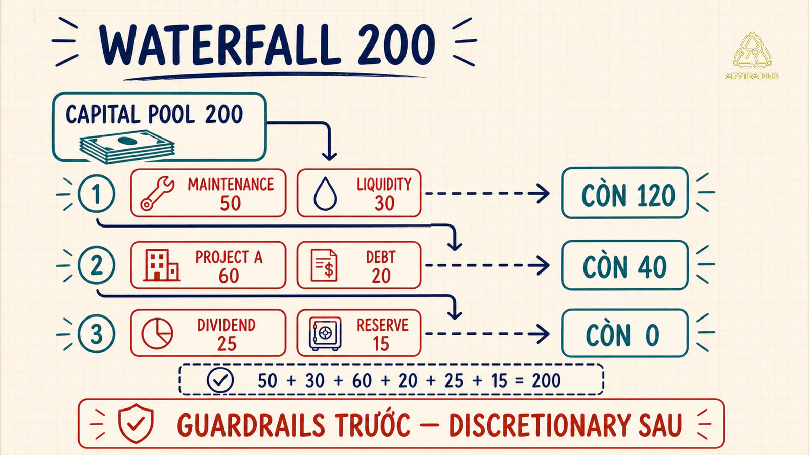 Waterfall từ capital pool hai trăm qua guardrails và sáu allocation cuối cùng