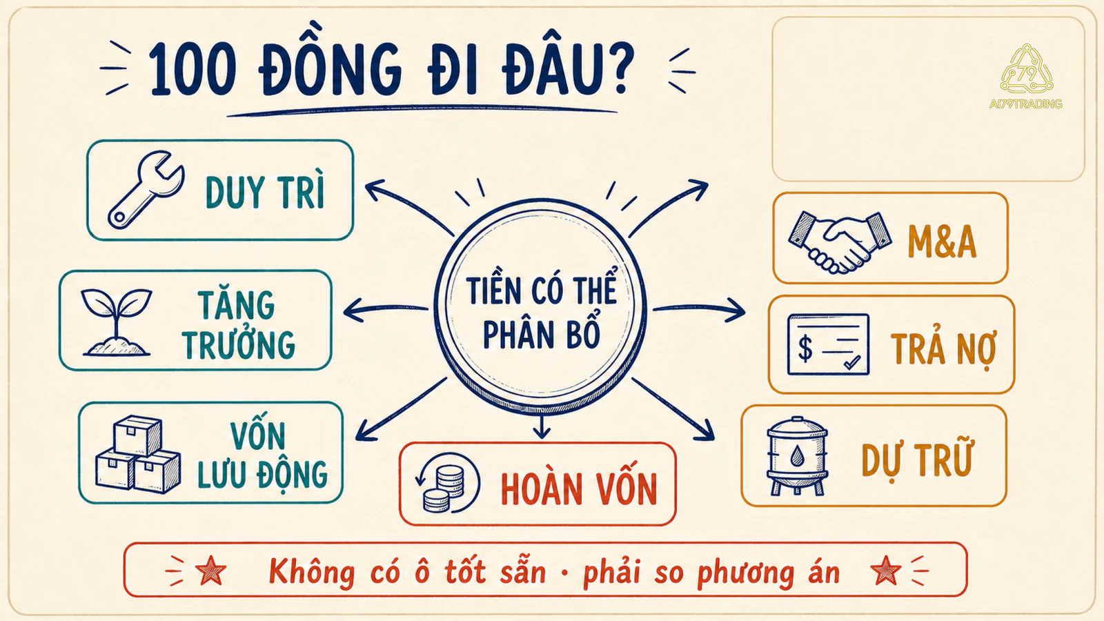 Sơ đồ 100 đồng vốn doanh nghiệp đi tới duy trì, tăng trưởng, vốn lưu động, M&amp;A, trả nợ, dự trữ và hoàn vốn