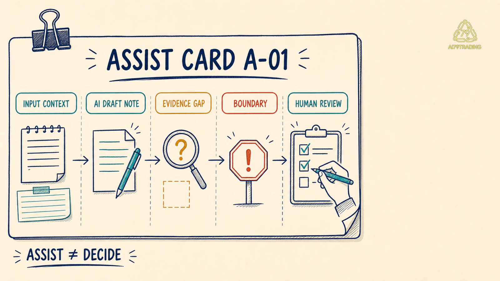 Assist Card A-01 với năm lane Input Context, AI Draft Note, Evidence Gap, Boundary và Human Review