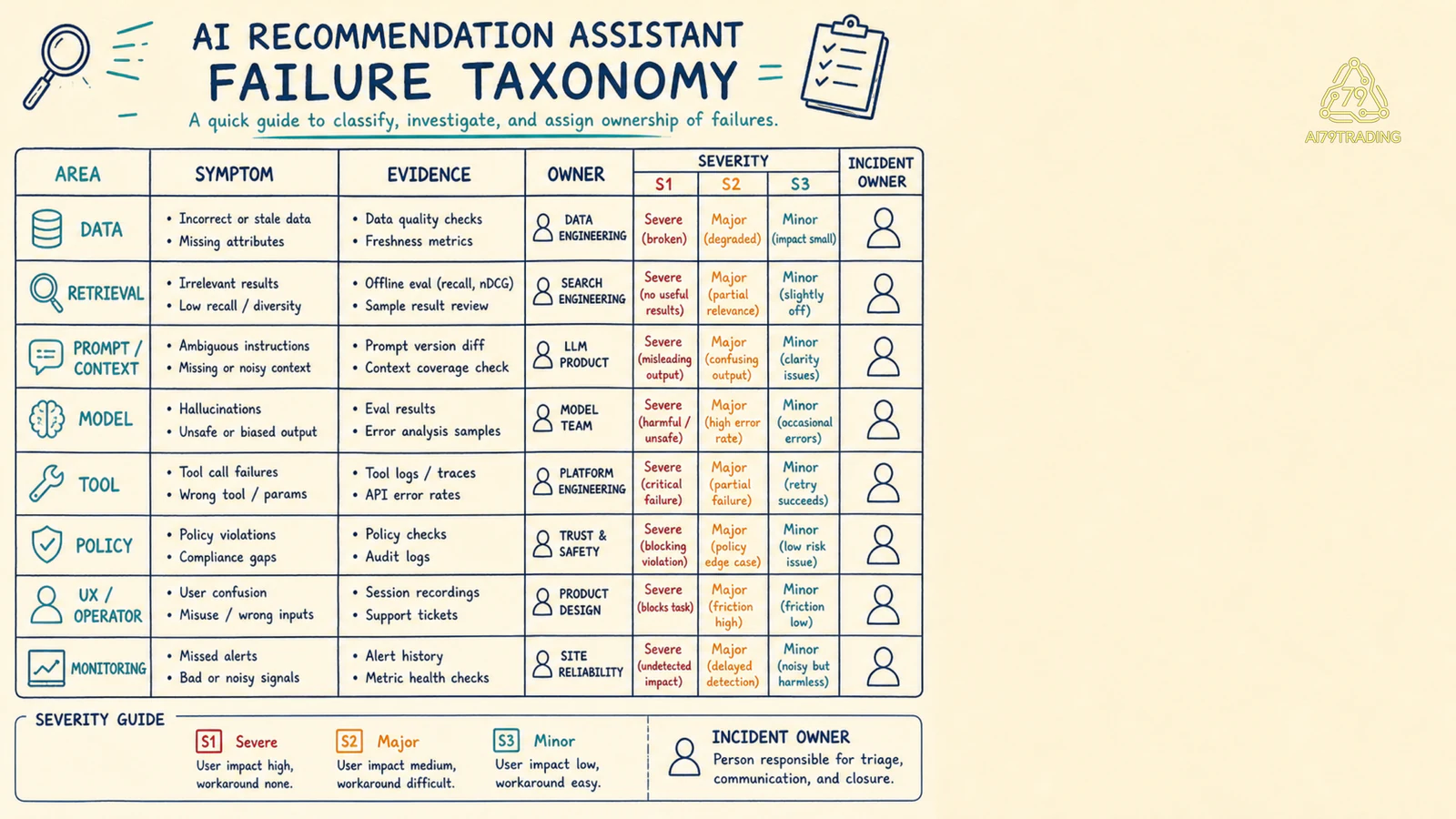 Ma trận failure taxonomy từ data, retrieval, prompt, model, tool, policy, UX đến monitoring