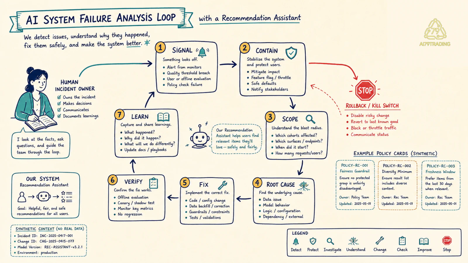 AI incident loop từ signal, containment, scope, root cause, fix, verify đến learn