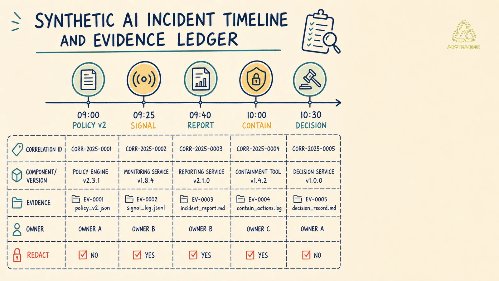Timeline incident với correlation ID, version, source, decision và owner