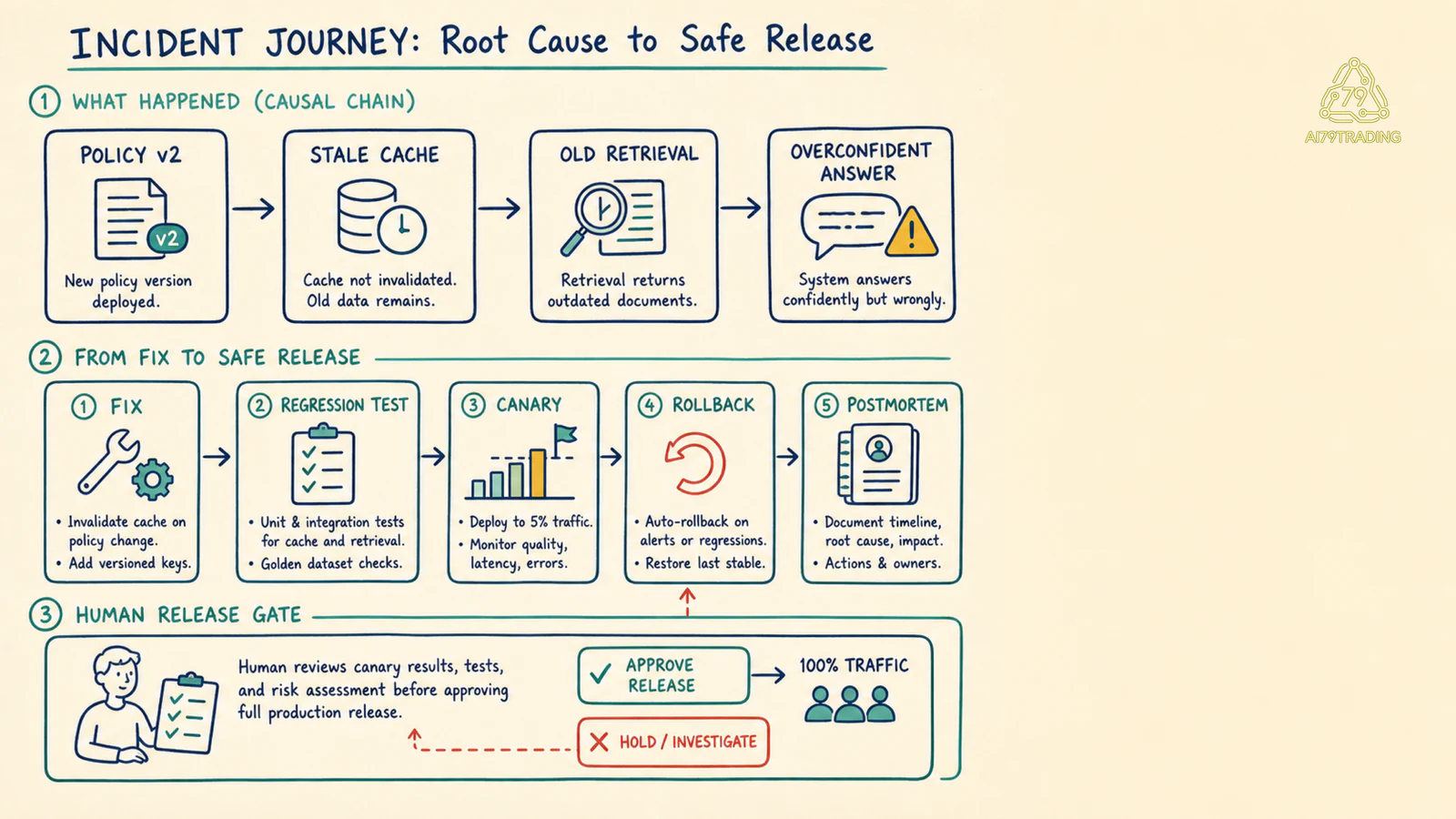 Root cause nối policy cache stale với fix, regression test, canary, rollback và postmortem