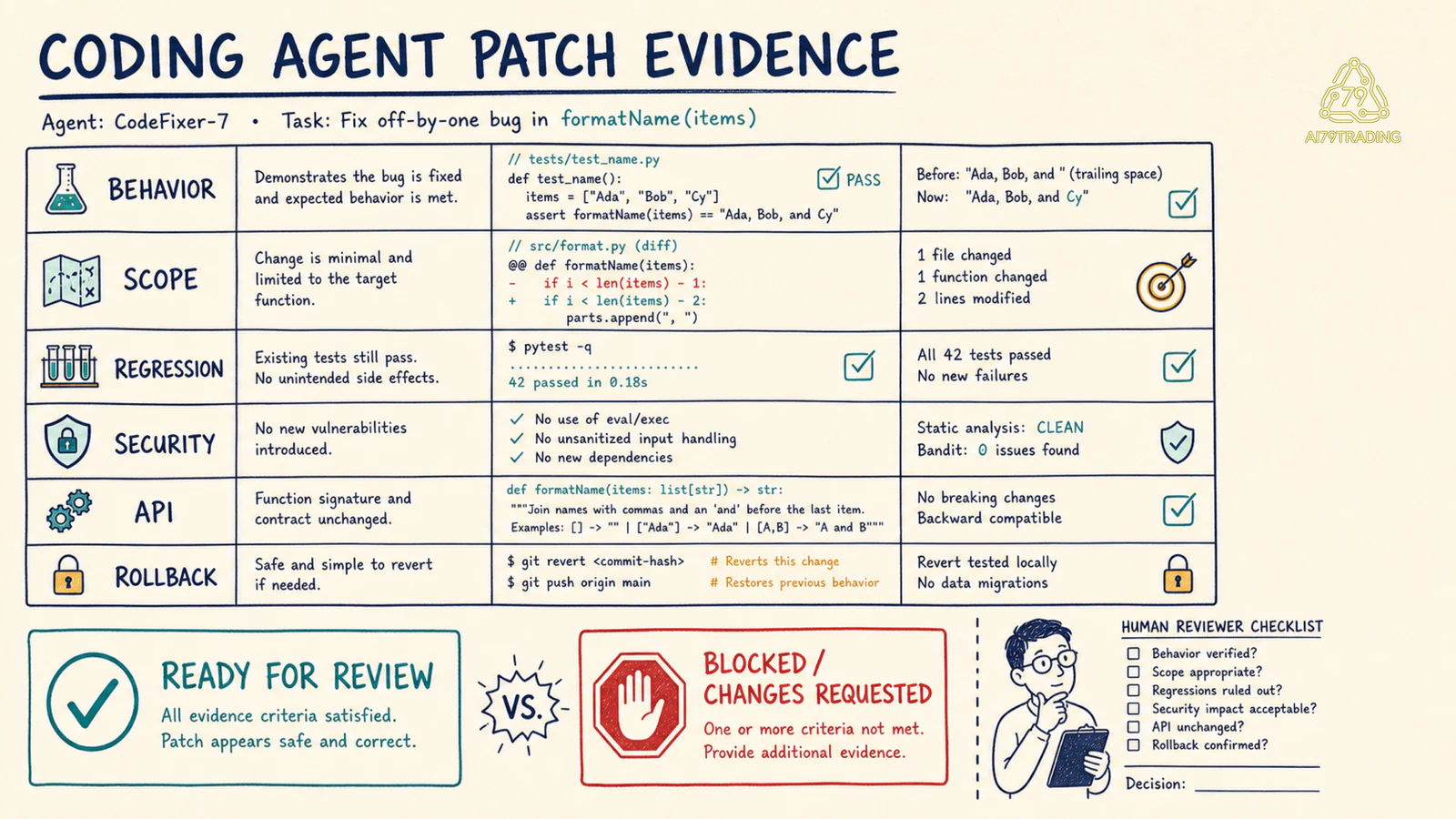 Ma trận evidence của coding agent gồm behavior scope regression security API rollback và human review