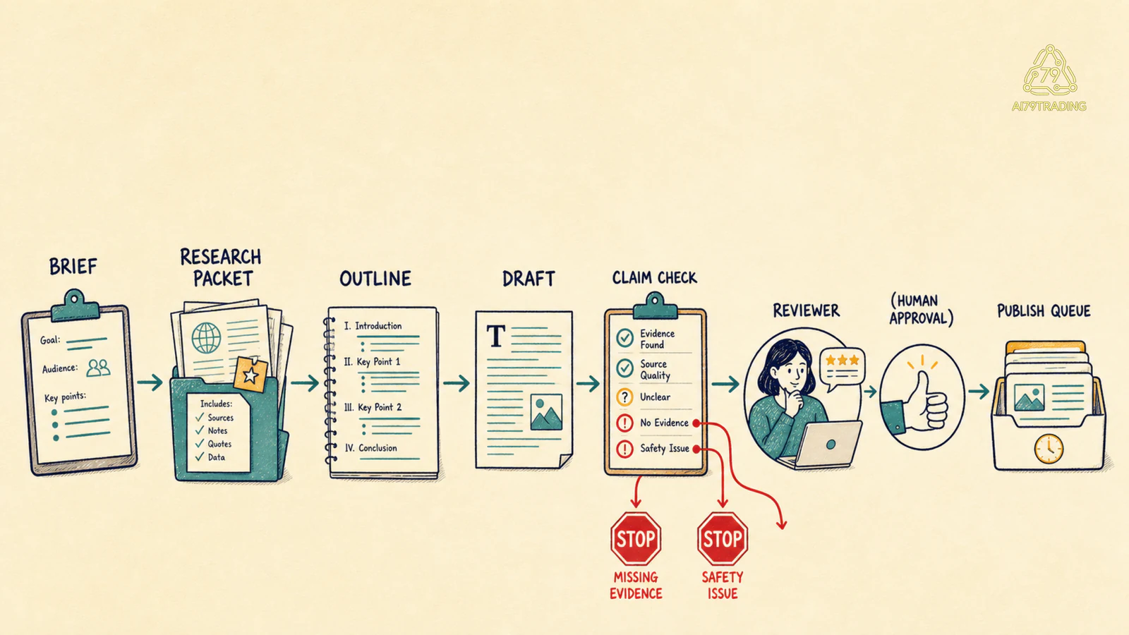 Content production agent pipeline từ brief research packet outline draft claim check reviewer và publish queue