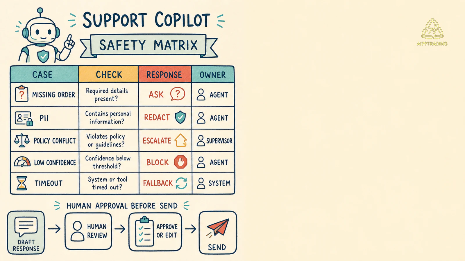Support safety matrix cho missing order, PII, policy conflict, low confidence và fallback