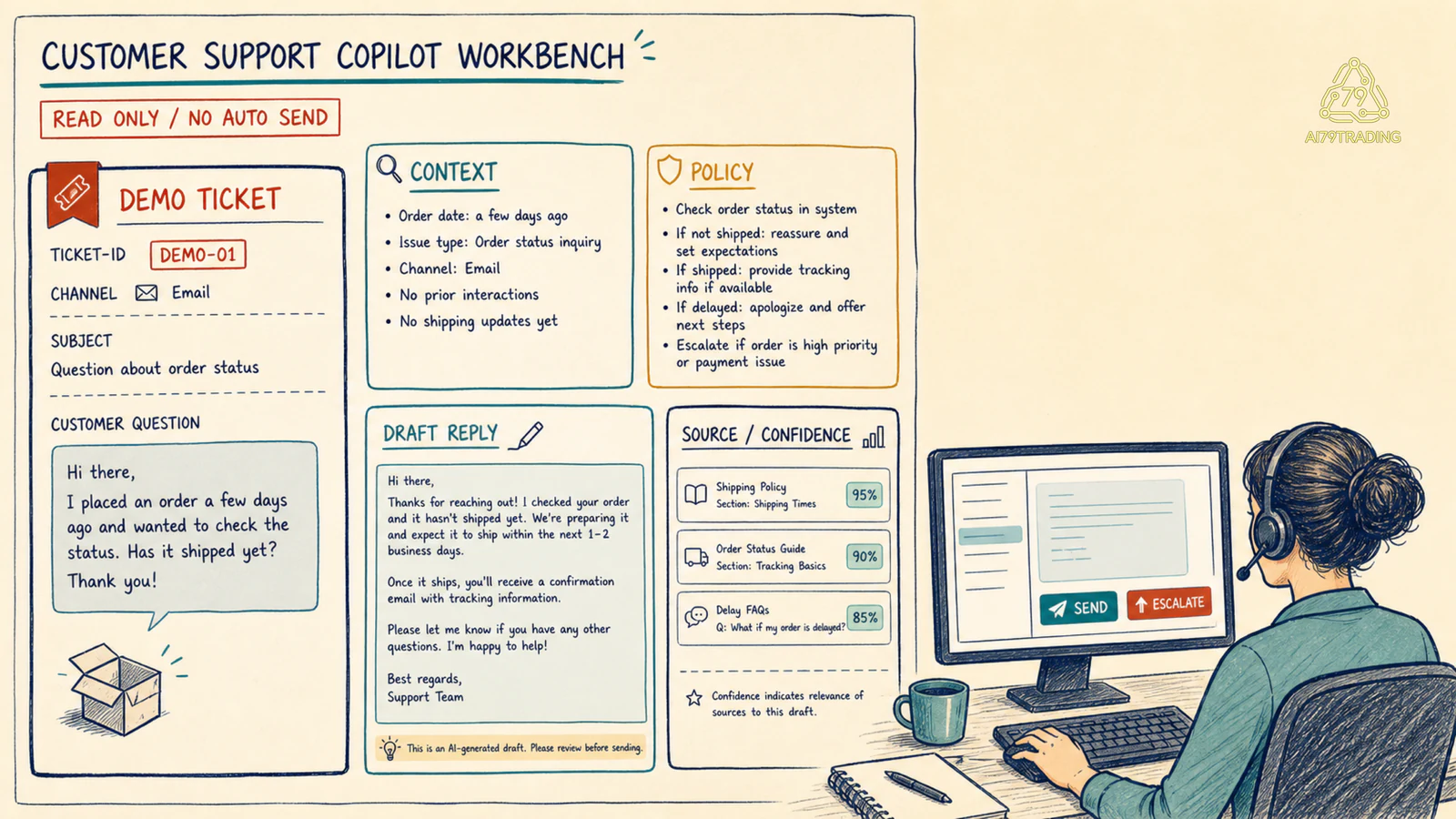 Support copilot workbench từ ticket context policy draft confidence human send và escalation