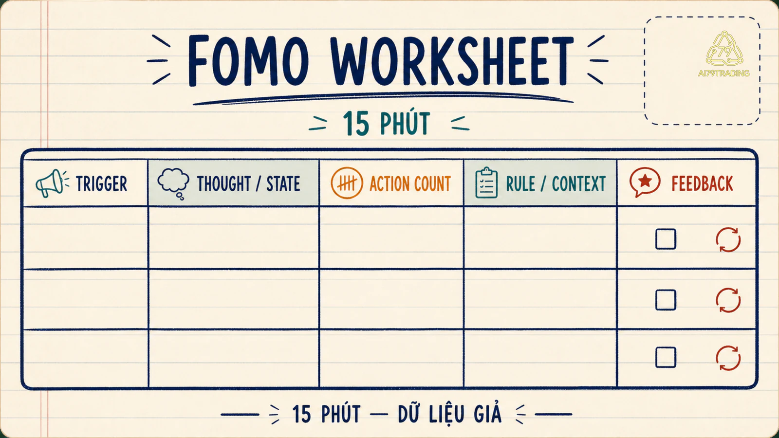 Worksheet ghi case FOMO và số action trong 15 phút