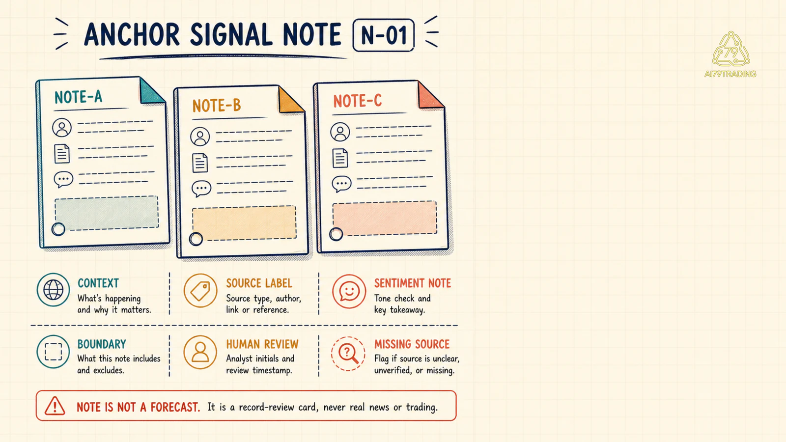 Signal Note N-01 với ba note mock, năm lane review và nhãn MISSING SOURCE