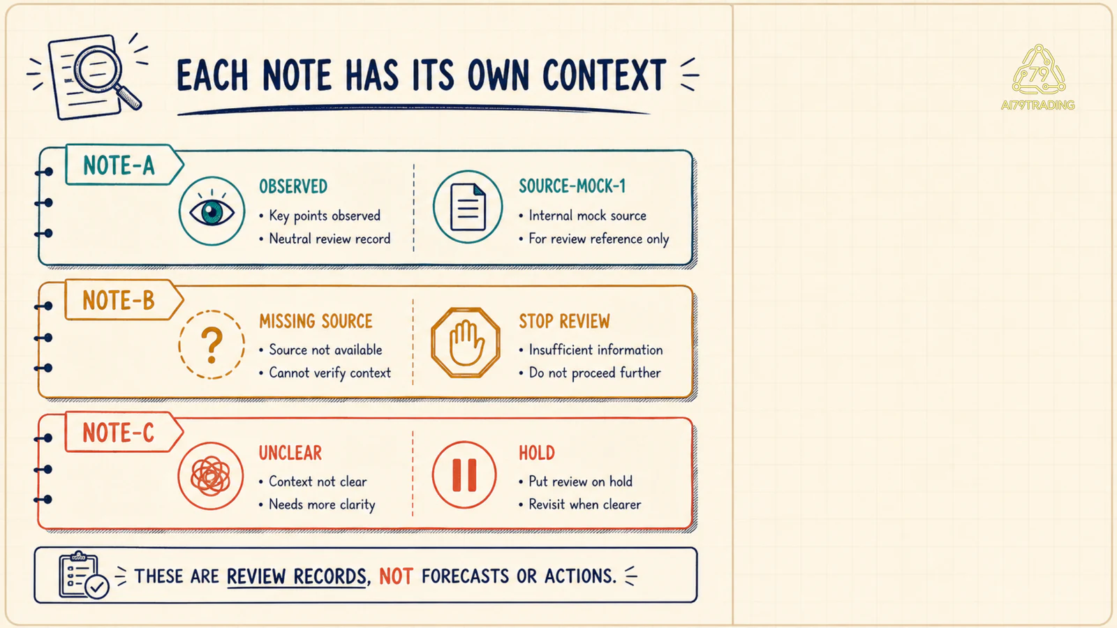 Ba note mock NOTE-A NOTE-B NOTE-C với OBSERVED MISSING SOURCE và UNCLEAR HOLD