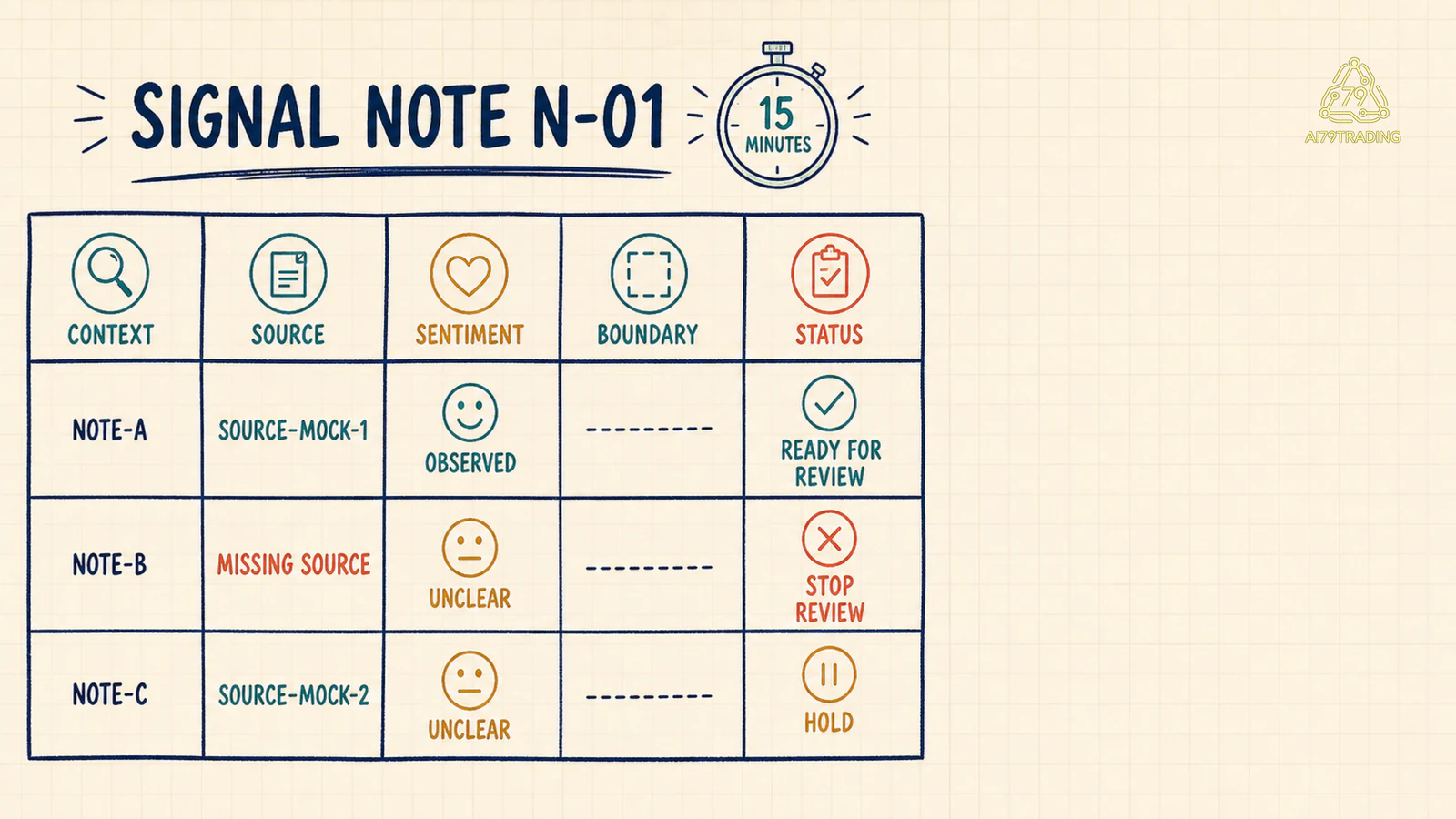 Worksheet N-01 ba row NOTE-A NOTE-B NOTE-C với MISSING SOURCE UNCLEAR HOLD và STOP REVIEW