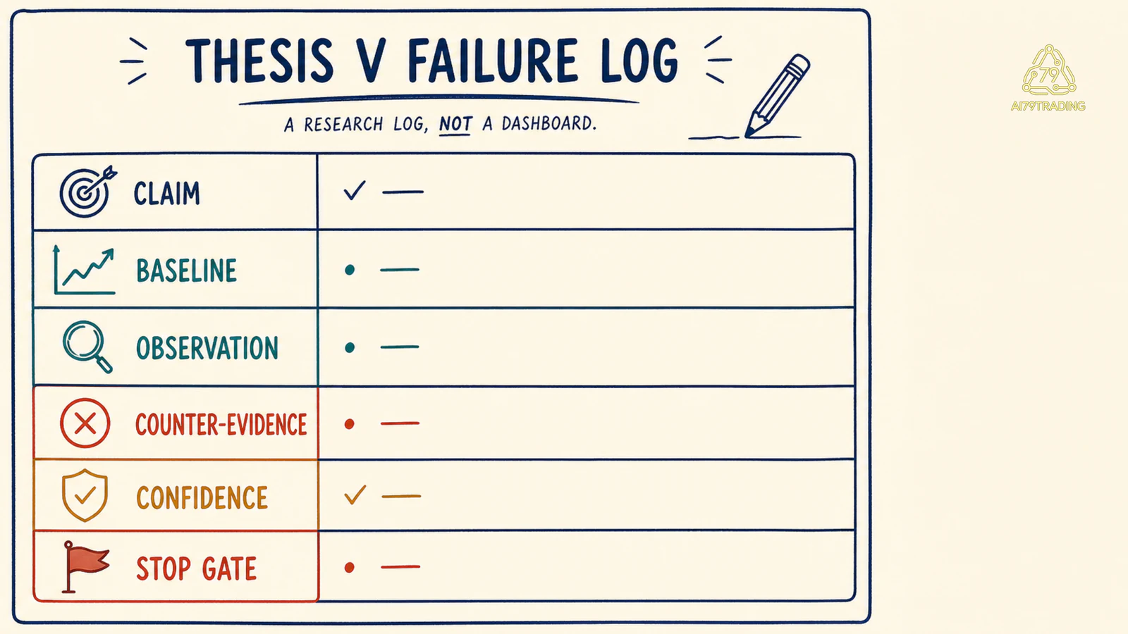 Failure Log Thesis V gồm claim baseline observation counter-evidence confidence update và stop gate