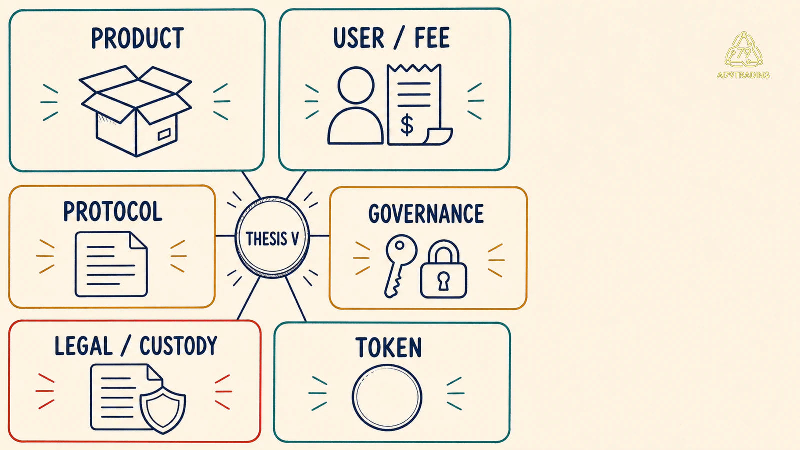 Card sáu tín hiệu Thesis V gồm product user fee protocol token governance legal custody