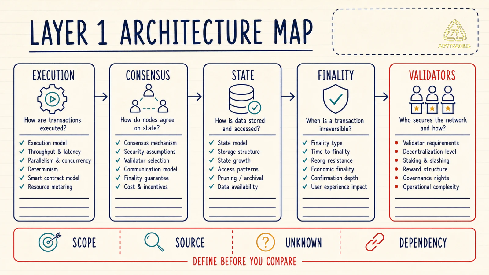 Bản đồ architecture Layer 1 gồm execution consensus state finality và validators
