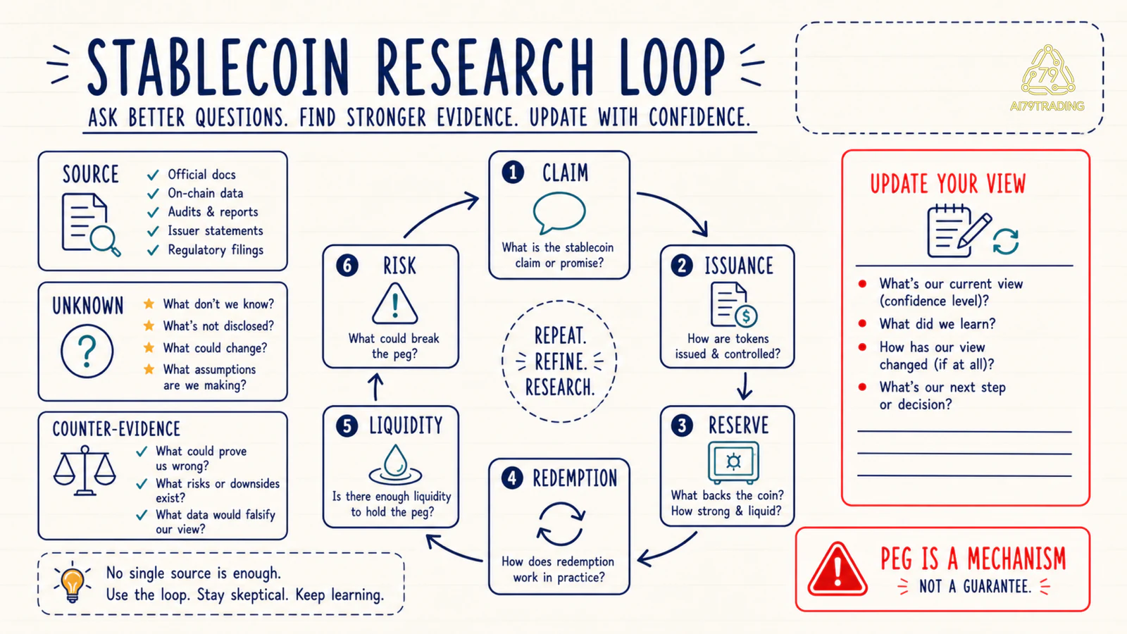 Vòng phân tích stablecoin từ claim issuance reserve redemption liquidity đến risk