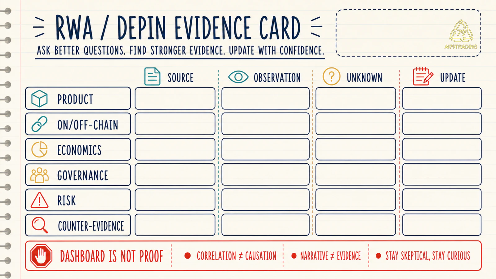 Evidence card RWA DePIN với product on chain off chain economics governance risk counter evidence