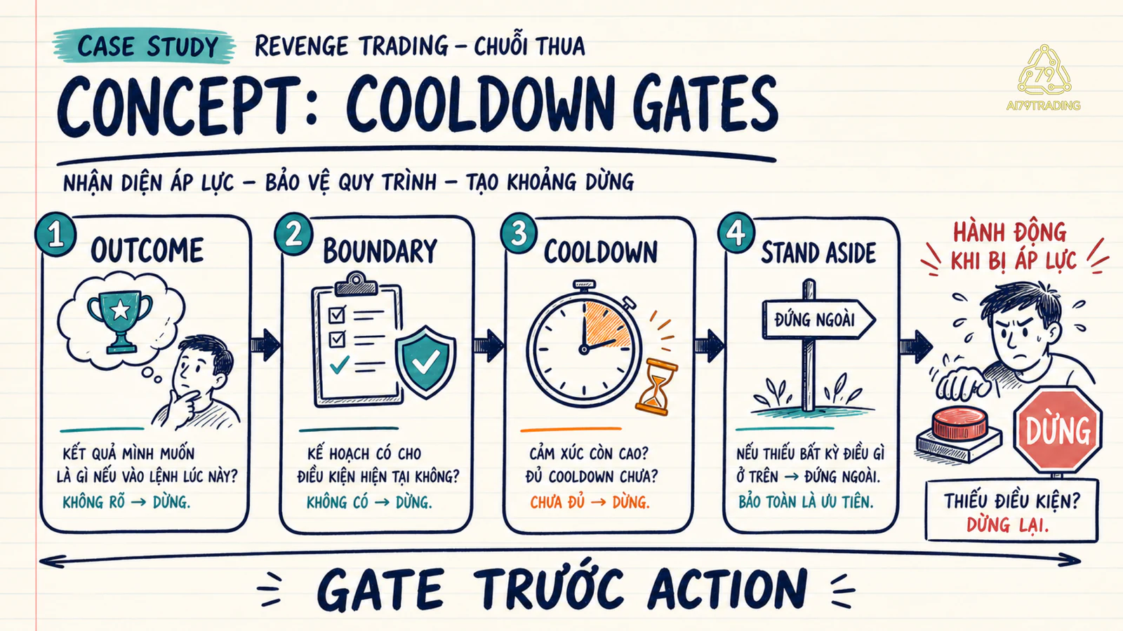 Bốn gate outcome, boundary, cooldown và stand aside