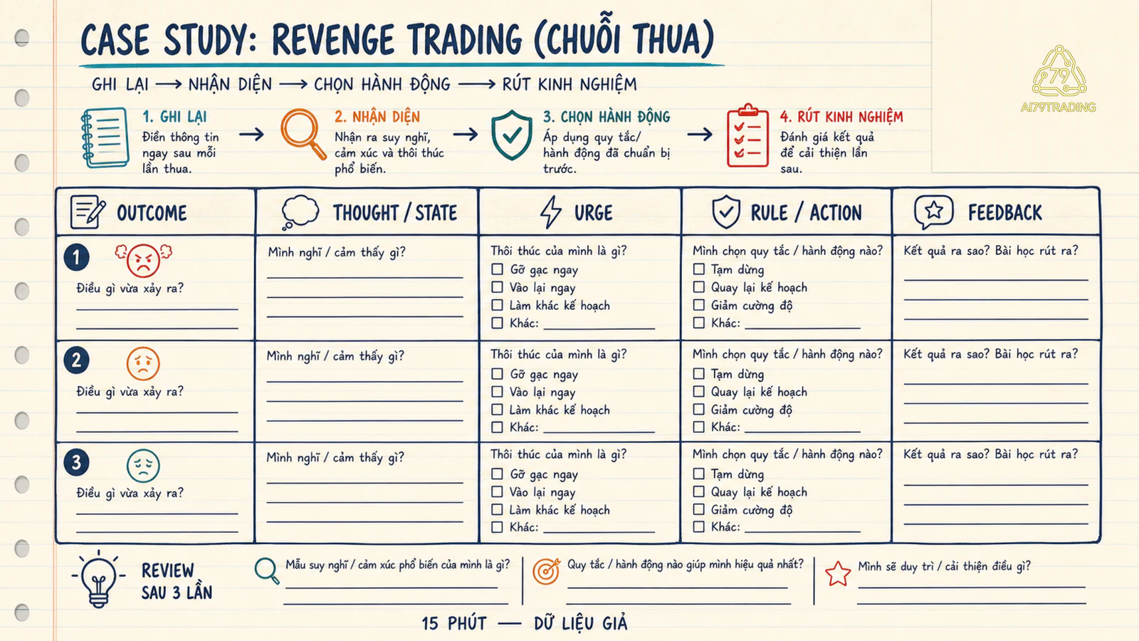 Worksheet ghi case revenge trading trong 15 phút bằng dữ liệu giả